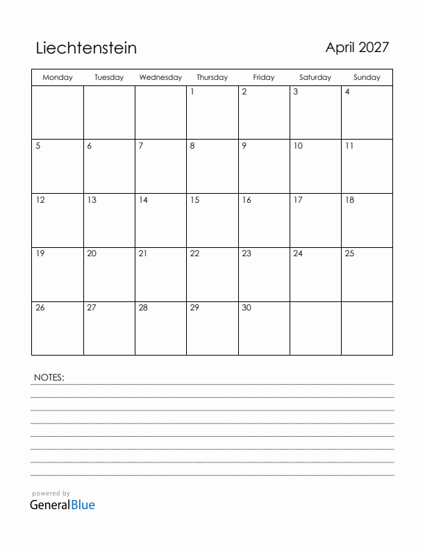 April 2027 Liechtenstein Calendar with Holidays (Monday Start)