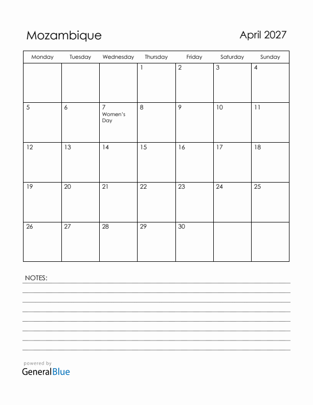 April 2027 Mozambique Calendar with Holidays (Monday Start)