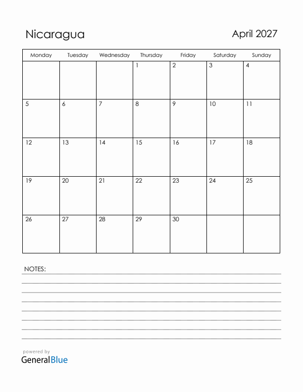 April 2027 Nicaragua Calendar with Holidays (Monday Start)
