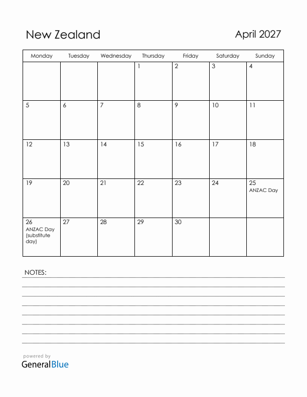 April 2027 New Zealand Calendar with Holidays (Monday Start)