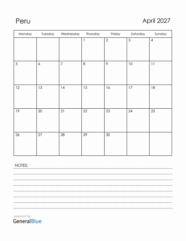 April 2027 Peru Calendar with Holidays (Monday Start)