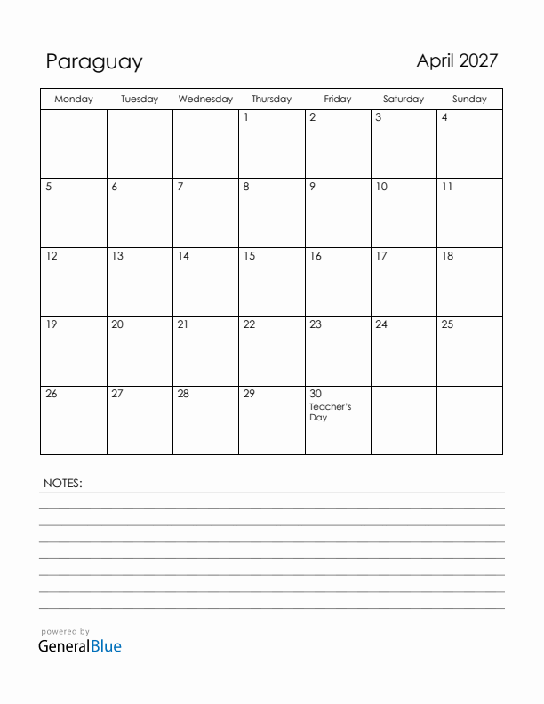 April 2027 Paraguay Calendar with Holidays (Monday Start)