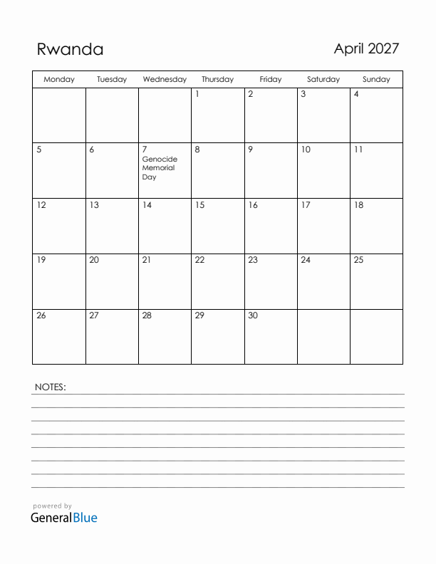 April 2027 Rwanda Calendar with Holidays (Monday Start)
