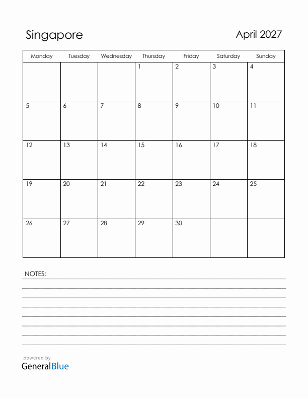 April 2027 Singapore Calendar with Holidays (Monday Start)