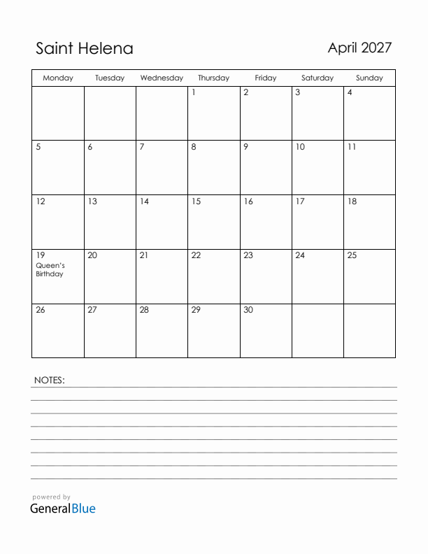 April 2027 Saint Helena Calendar with Holidays (Monday Start)