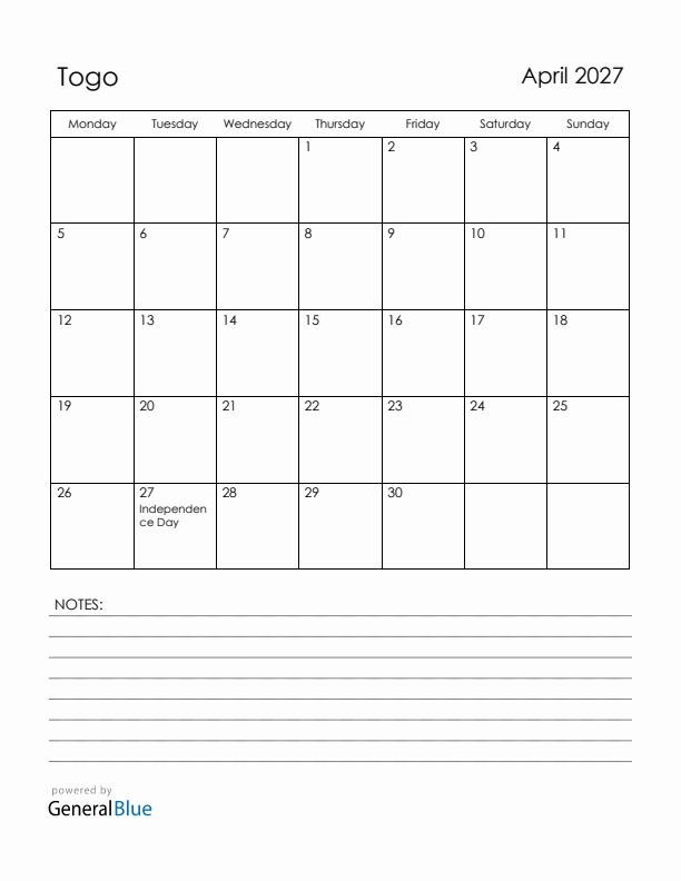 April 2027 Togo Calendar with Holidays (Monday Start)