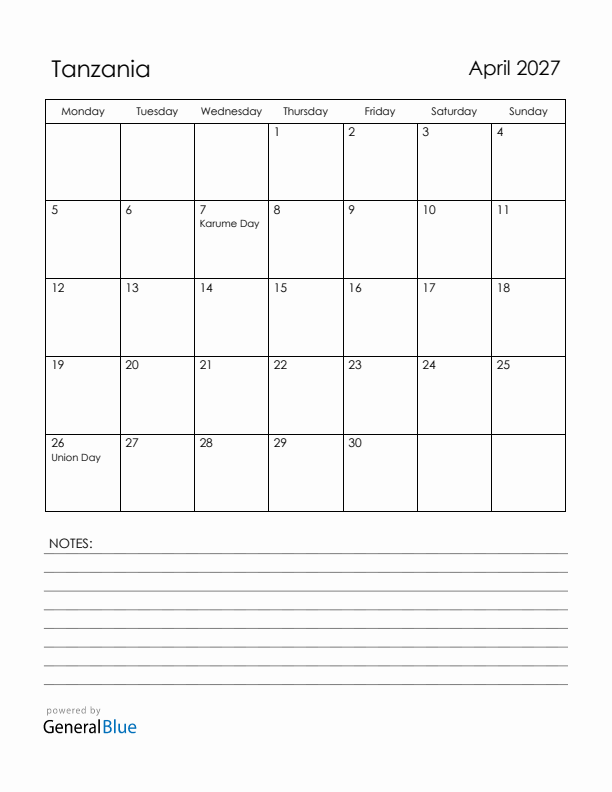 April 2027 Tanzania Calendar with Holidays (Monday Start)