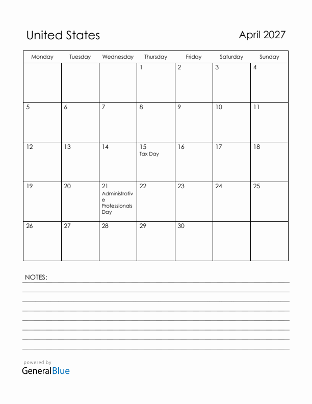 April 2027 United States Calendar with Holidays (Monday Start)
