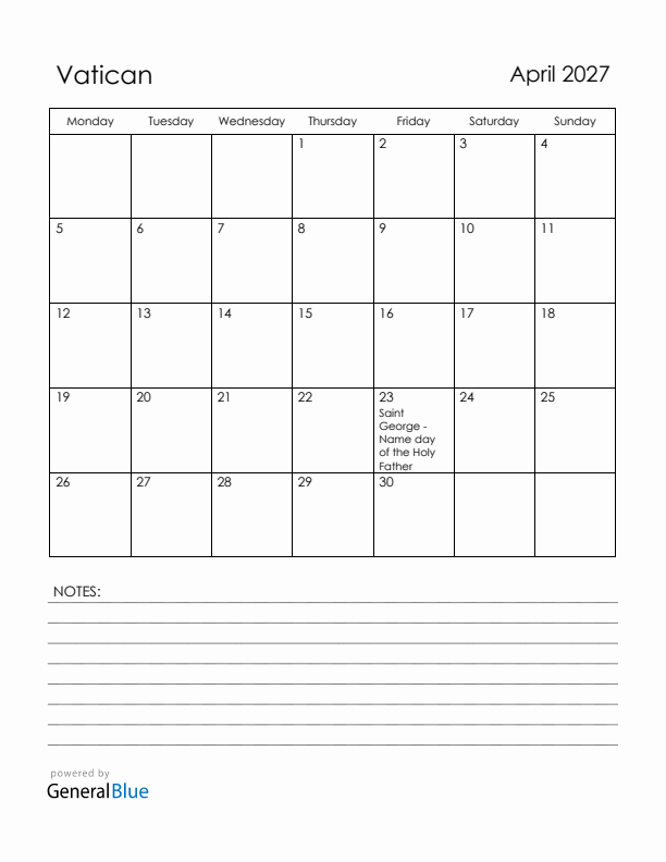 April 2027 Vatican Calendar with Holidays (Monday Start)