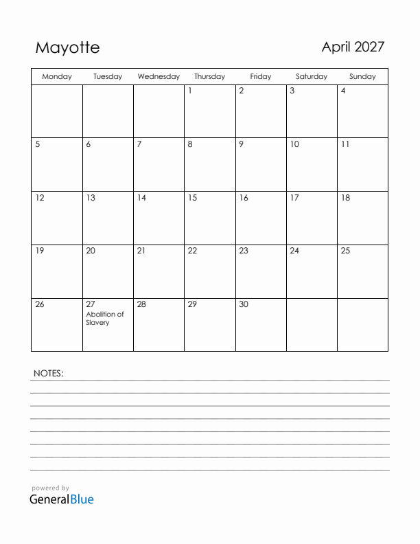 April 2027 Mayotte Calendar with Holidays (Monday Start)