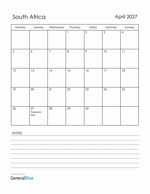 April 2027 South Africa Calendar with Holidays (Monday Start)