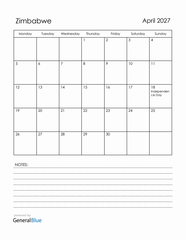 April 2027 Zimbabwe Calendar with Holidays (Monday Start)