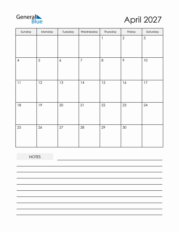 Printable Calendar with Notes - April 2027 
