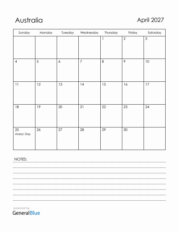 April 2027 Australia Calendar with Holidays (Sunday Start)