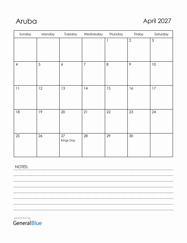 April 2027 Aruba Calendar with Holidays (Sunday Start)