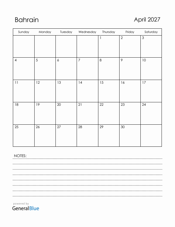 April 2027 Bahrain Calendar with Holidays (Sunday Start)
