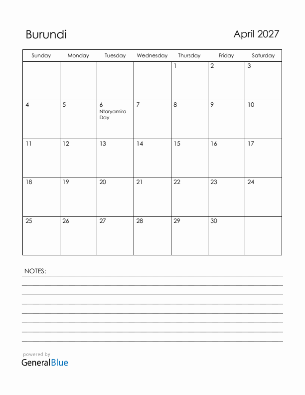 April 2027 Burundi Calendar with Holidays (Sunday Start)