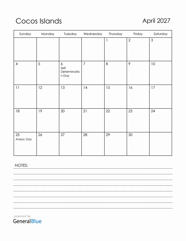 April 2027 Cocos Islands Calendar with Holidays (Sunday Start)