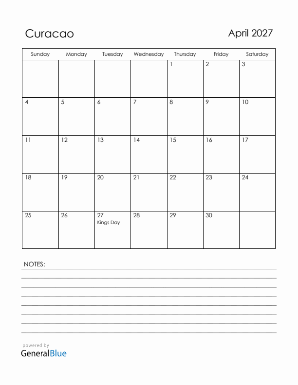April 2027 Curacao Calendar with Holidays (Sunday Start)