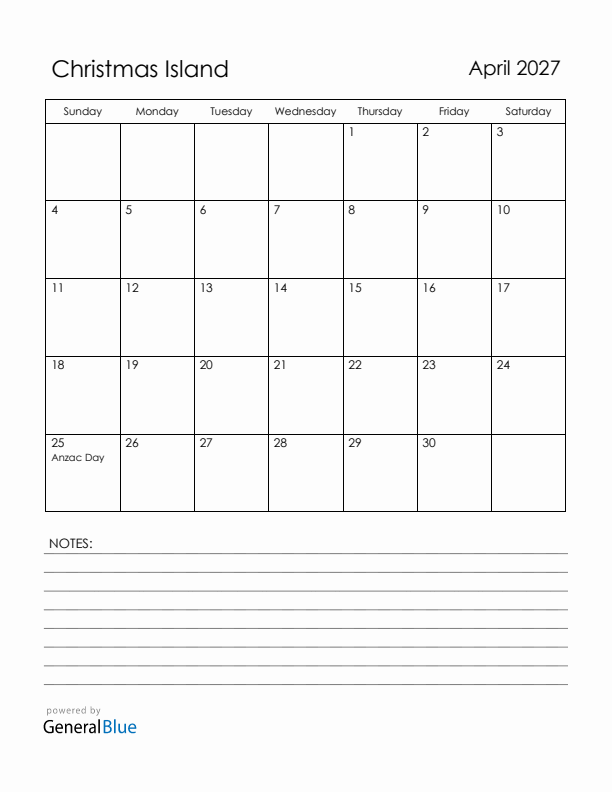April 2027 Christmas Island Calendar with Holidays (Sunday Start)