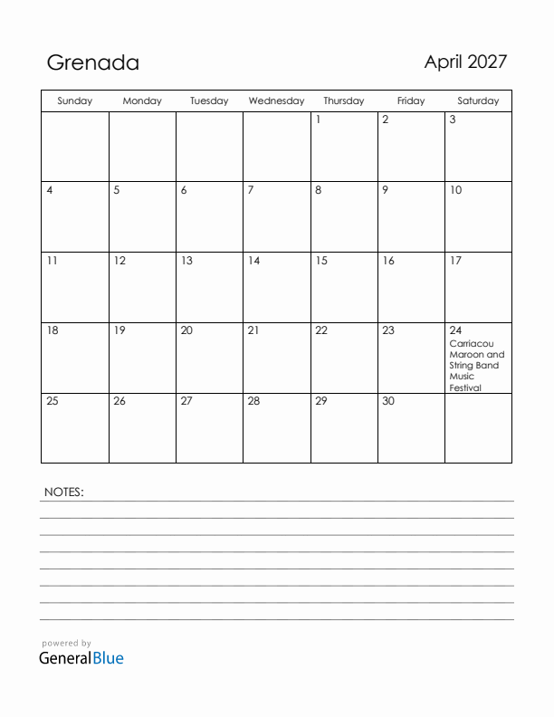 April 2027 Grenada Calendar with Holidays (Sunday Start)