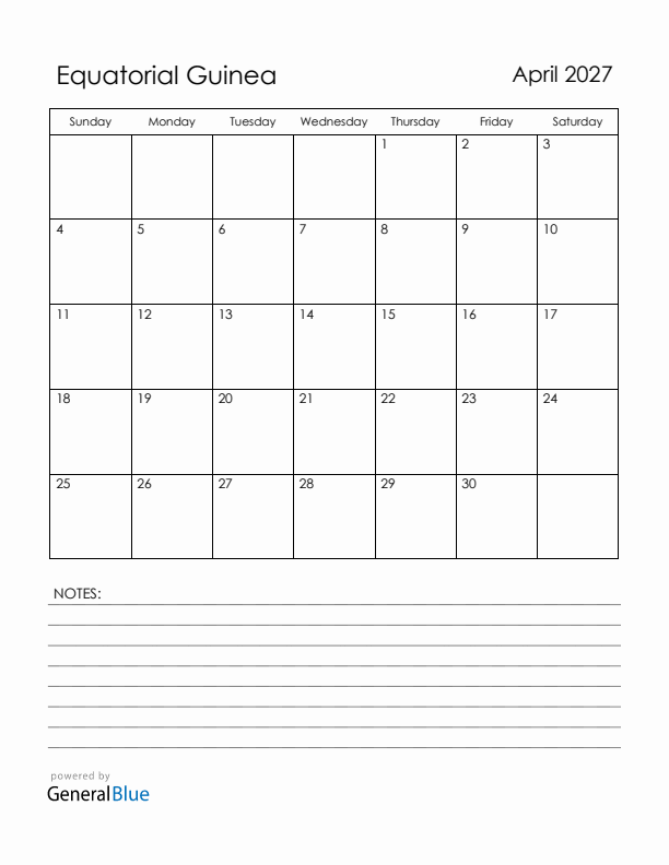 April 2027 Equatorial Guinea Calendar with Holidays (Sunday Start)
