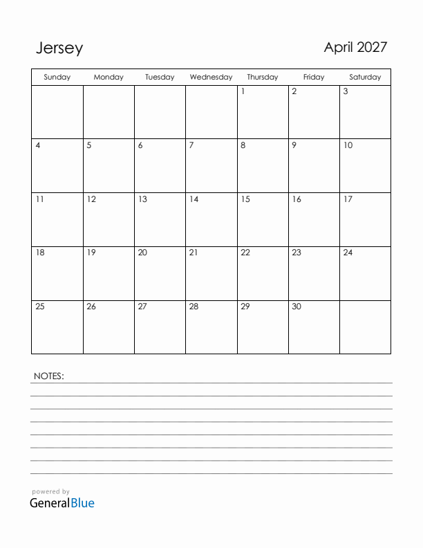 April 2027 Jersey Calendar with Holidays (Sunday Start)