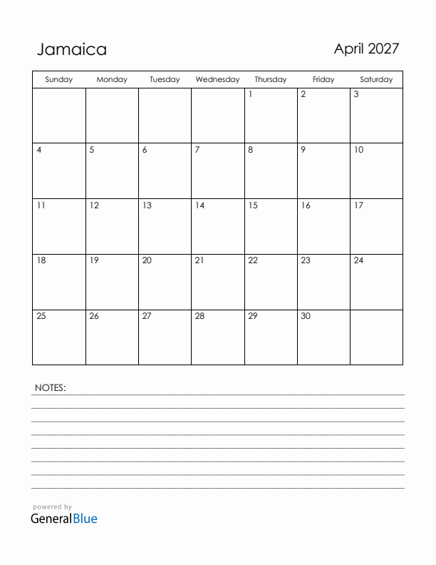 April 2027 Jamaica Calendar with Holidays (Sunday Start)