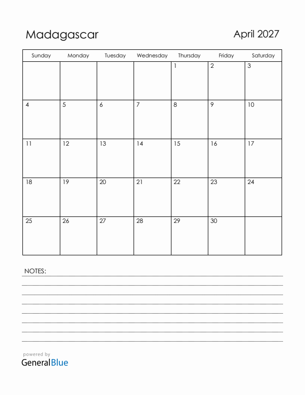 April 2027 Madagascar Calendar with Holidays (Sunday Start)
