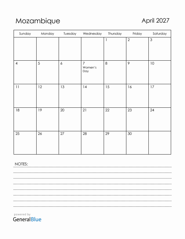 April 2027 Mozambique Calendar with Holidays (Sunday Start)