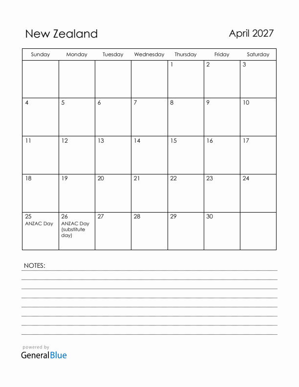 April 2027 New Zealand Calendar with Holidays (Sunday Start)