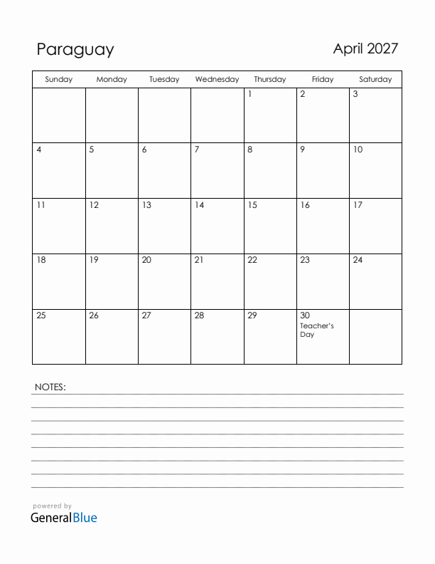 April 2027 Paraguay Calendar with Holidays (Sunday Start)