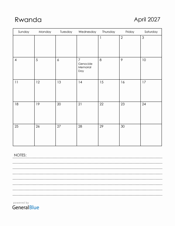 April 2027 Rwanda Calendar with Holidays (Sunday Start)