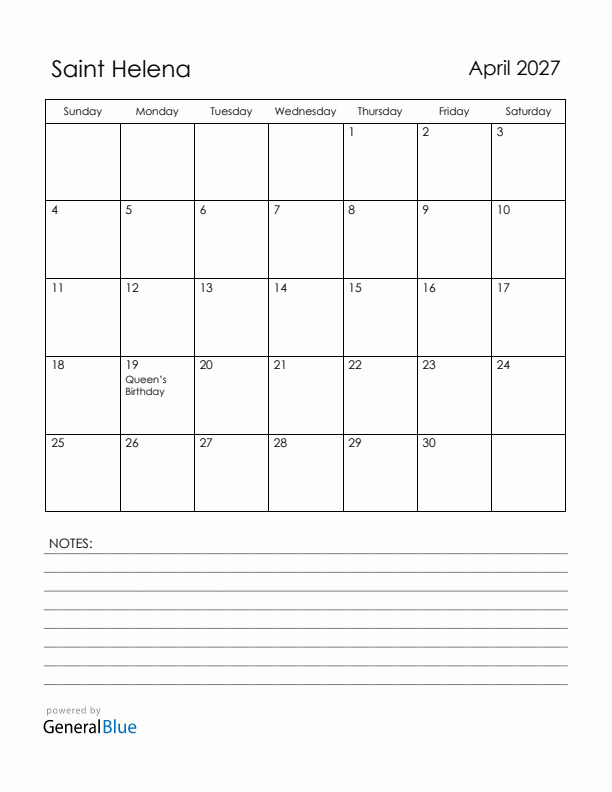 April 2027 Saint Helena Calendar with Holidays (Sunday Start)