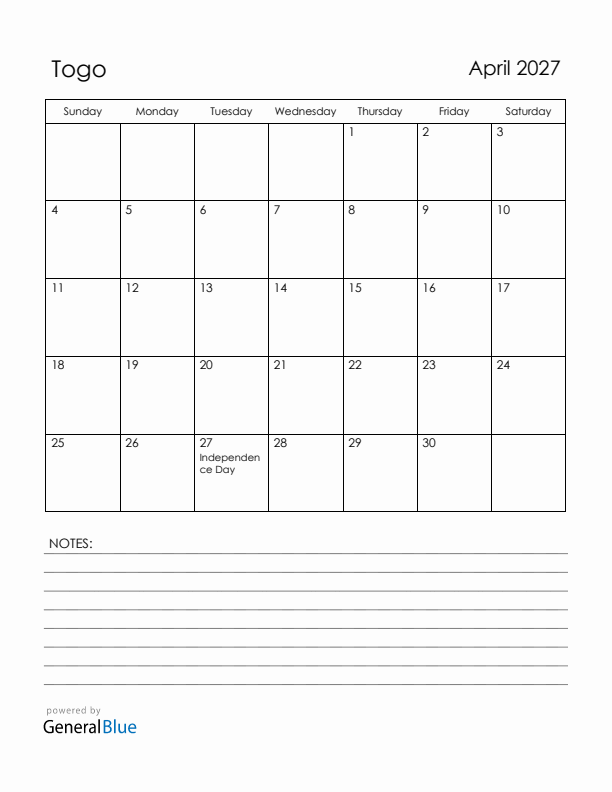 April 2027 Togo Calendar with Holidays (Sunday Start)