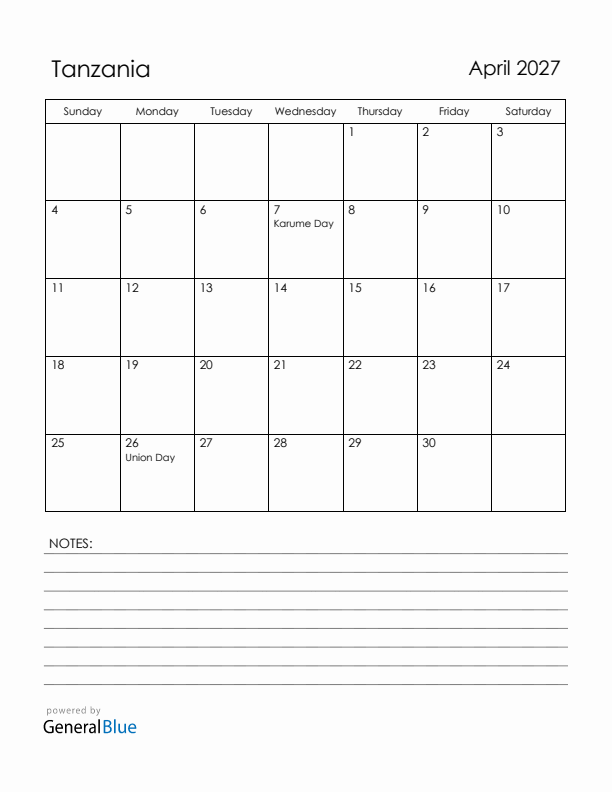 April 2027 Tanzania Calendar with Holidays (Sunday Start)