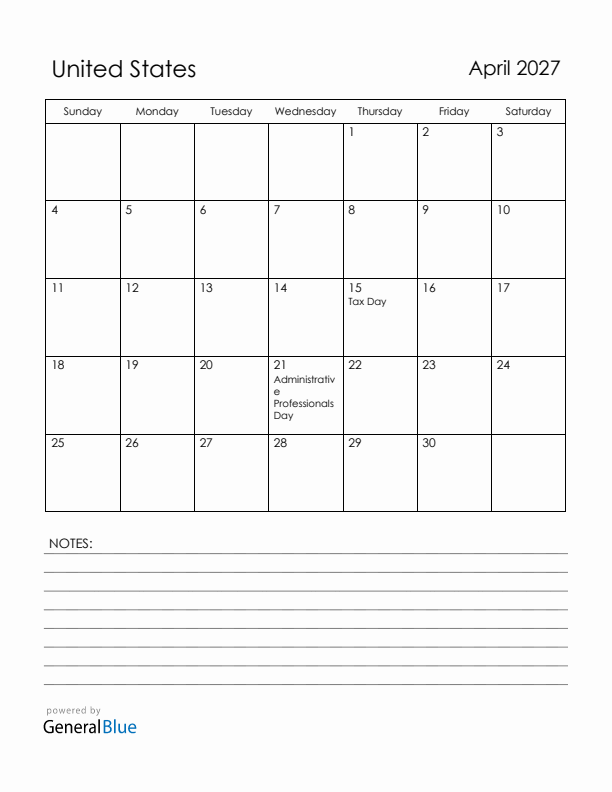 April 2027 United States Calendar with Holidays (Sunday Start)
