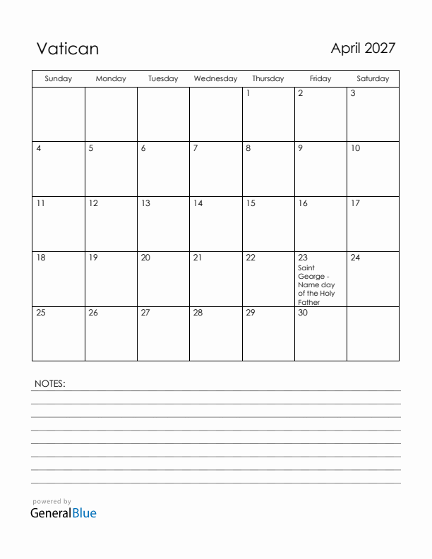 April 2027 Vatican Calendar with Holidays (Sunday Start)