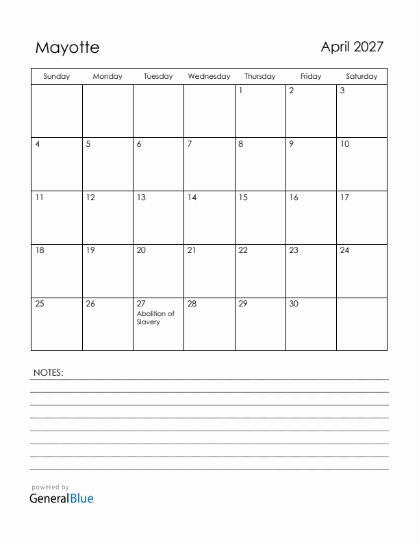 April 2027 Mayotte Calendar with Holidays (Sunday Start)