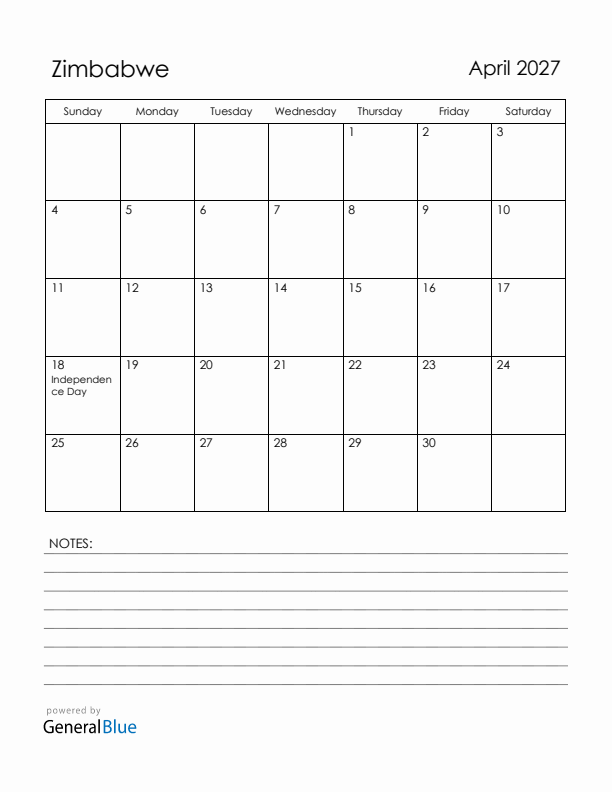 April 2027 Zimbabwe Calendar with Holidays (Sunday Start)