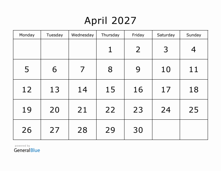 Printable April 2027 Calendar - Monday Start