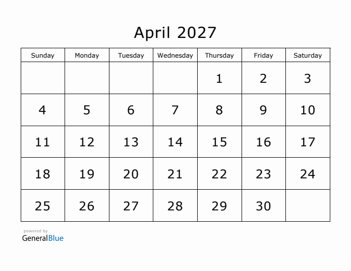 Printable April 2027 Calendar - Sunday Start