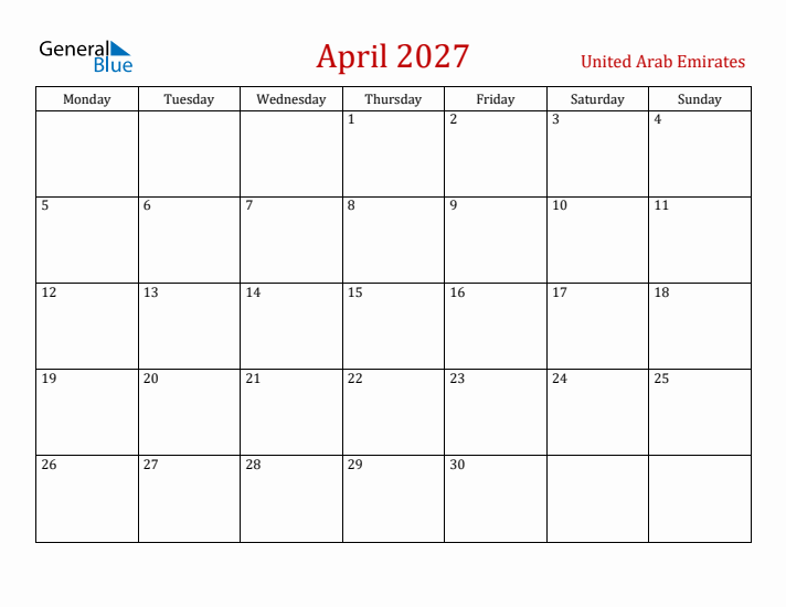 United Arab Emirates April 2027 Calendar - Monday Start