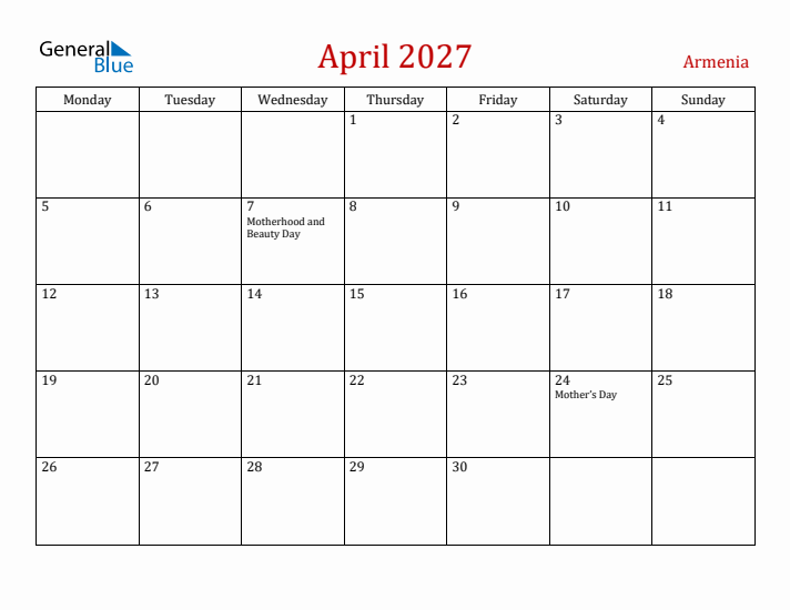 Armenia April 2027 Calendar - Monday Start