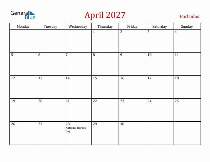 Barbados April 2027 Calendar - Monday Start