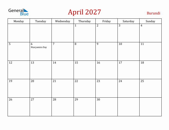 Burundi April 2027 Calendar - Monday Start