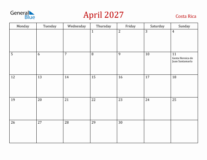 Costa Rica April 2027 Calendar - Monday Start
