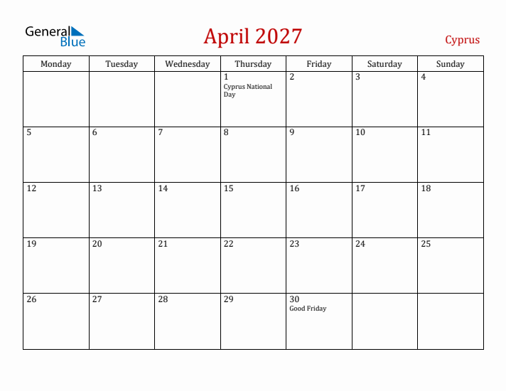 Cyprus April 2027 Calendar - Monday Start