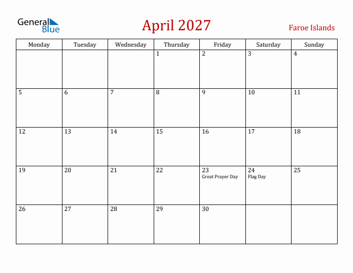 Faroe Islands April 2027 Calendar - Monday Start