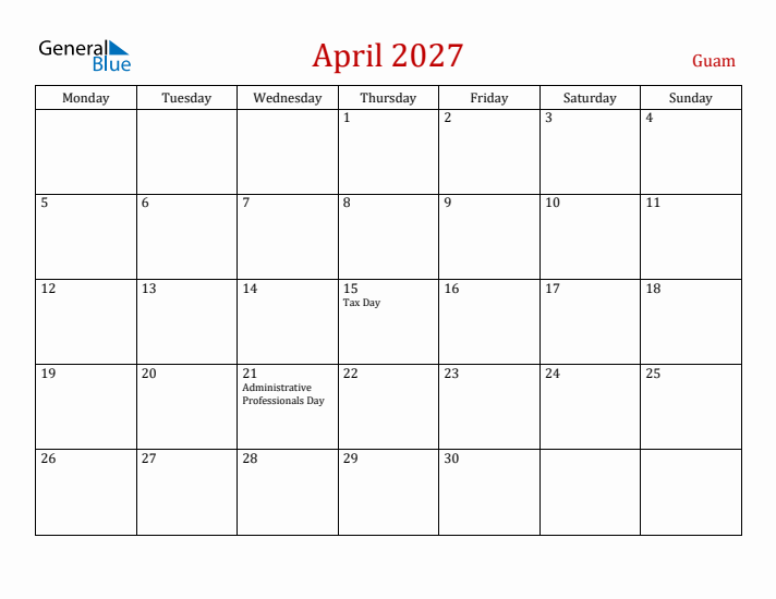 Guam April 2027 Calendar - Monday Start